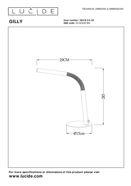 Lucide GILLY - Rechargeable Desk lamp - Battery - LED Dim. - 1x3W 2700K - Black - technical